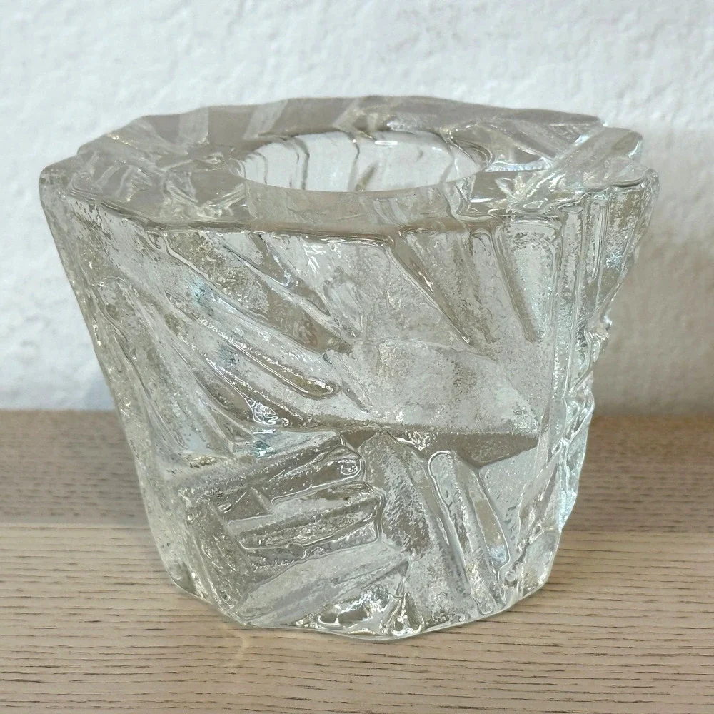 Orrefors Sweden Iceberg Glass Votive Candle Holder Signed Heavy Modern Decor